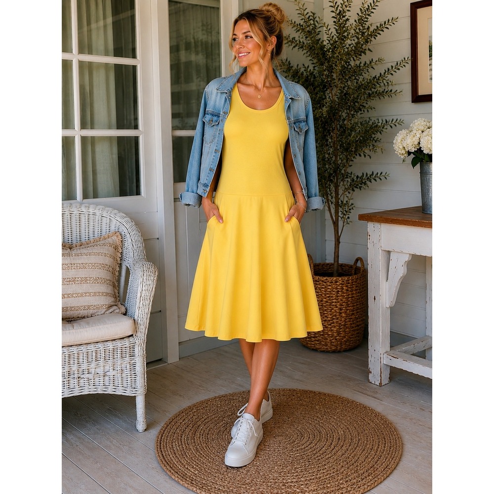 LuLaroe Nicki Sleeveless Swing Dress Pockets Solid Yellow Size Medium NWOT